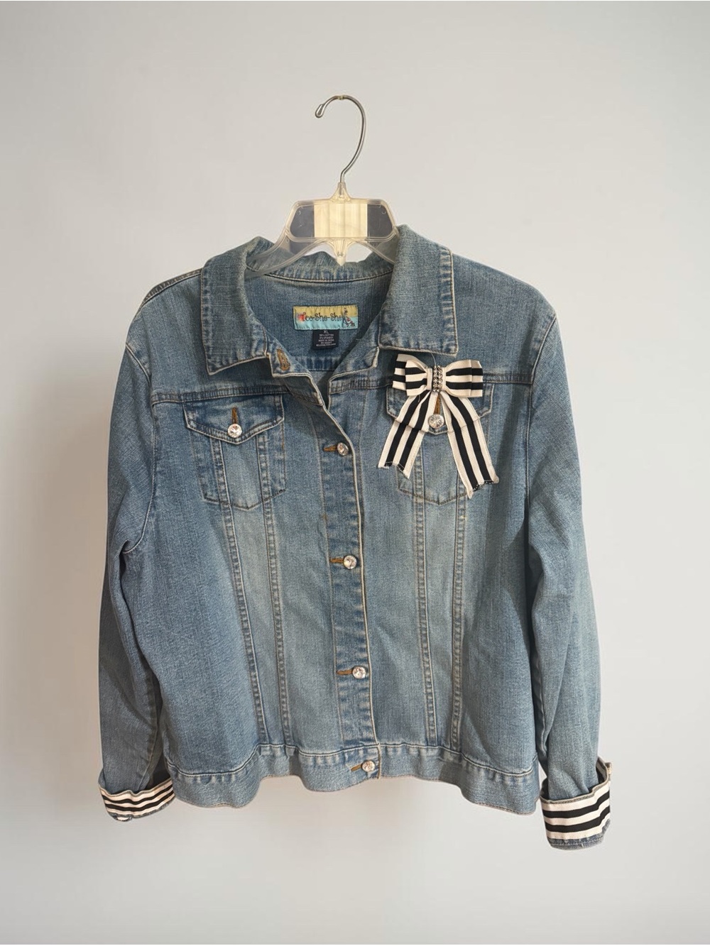 Light Blue Denim Jacket with Striped Bow Accent
